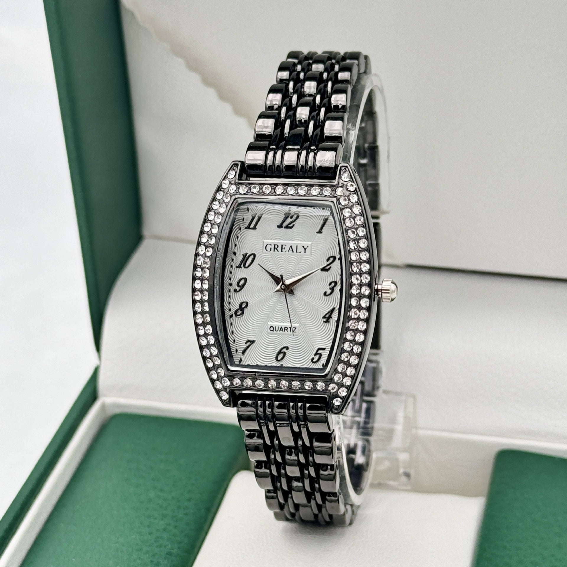 Diamond-encrusted Watch Barrel-shaped Dial Metal Bracelet Quartz Ladies' Watch