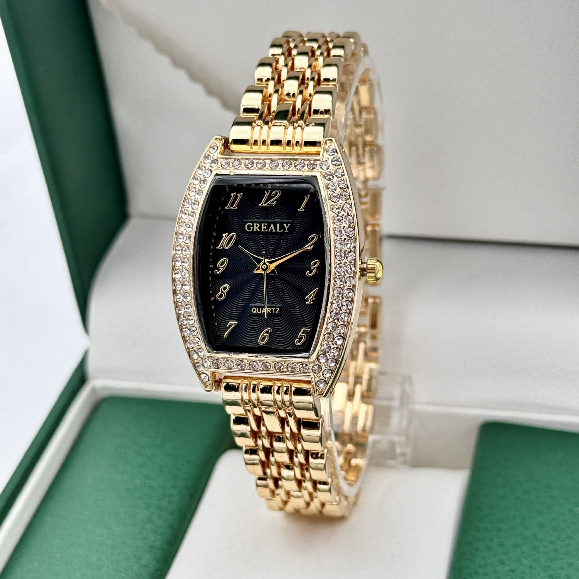Diamond-encrusted Watch Barrel-shaped Dial Metal Bracelet Quartz Ladies' Watch