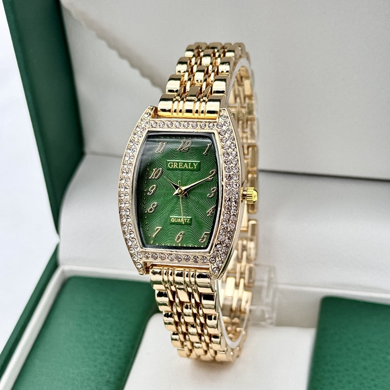 Diamantbesetzte Uhr Tonnenförmiges Zifferblatt Metallarmband Quarz Damenarmbanduhr